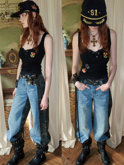 Double-Faced Camouflage Patchwork Denim Low-Rise Straight-Leg Pants【s0000015988】