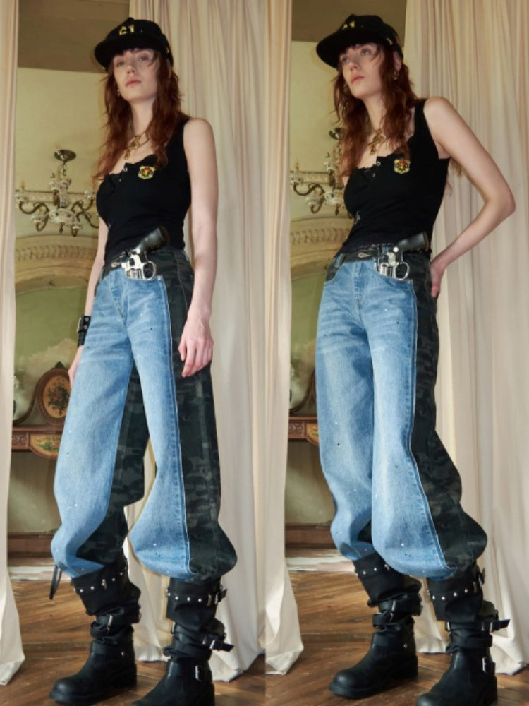 Double-Faced Camouflage Patchwork Denim Low-Rise Straight-Leg Pants【s0000015988】