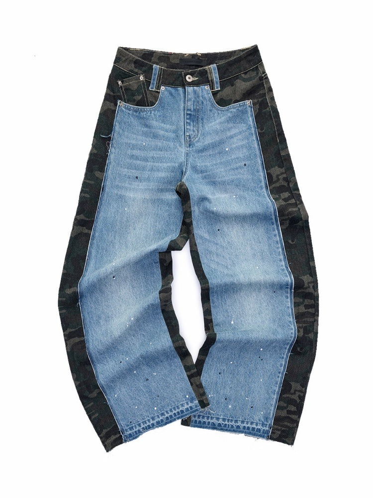 Double-Faced Camouflage Patchwork Denim Low-Rise Straight-Leg Pants【s0000015988】