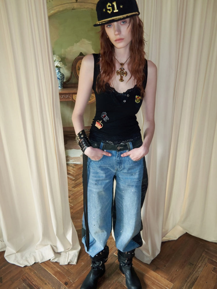 Double-Faced Camouflage Patchwork Denim Low-Rise Straight-Leg Pants【s0000015988】
