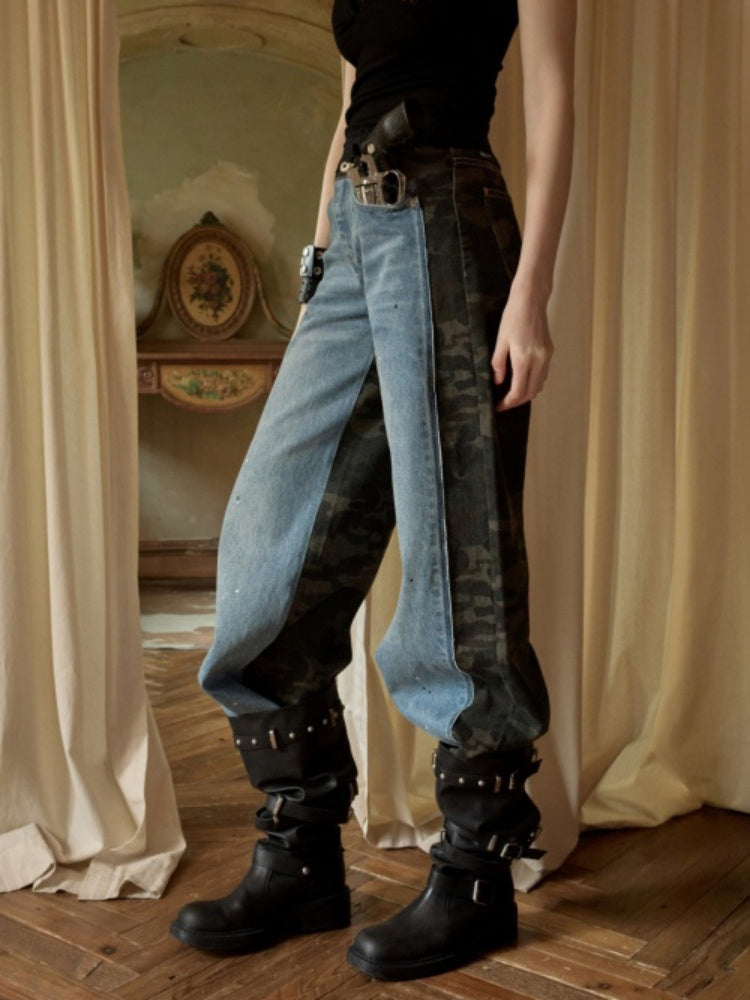 Double-Faced Camouflage Patchwork Denim Low-Rise Straight-Leg Pants【s0000015988】