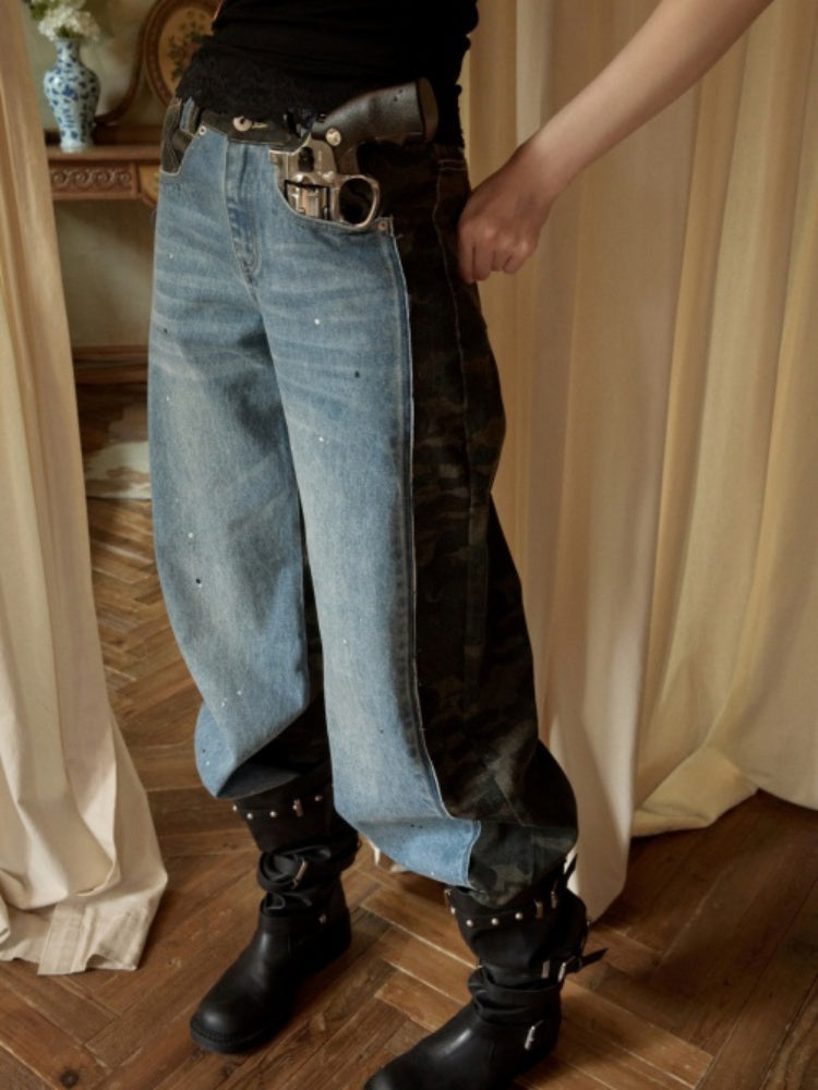 Double-Faced Camouflage Patchwork Denim Low-Rise Straight-Leg Pants【s0000015988】