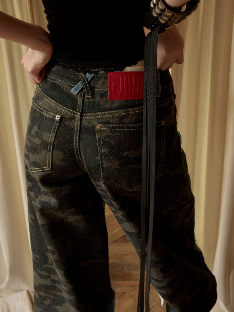 Double-Faced Camouflage Patchwork Denim Low-Rise Straight-Leg Pants【s0000015988】