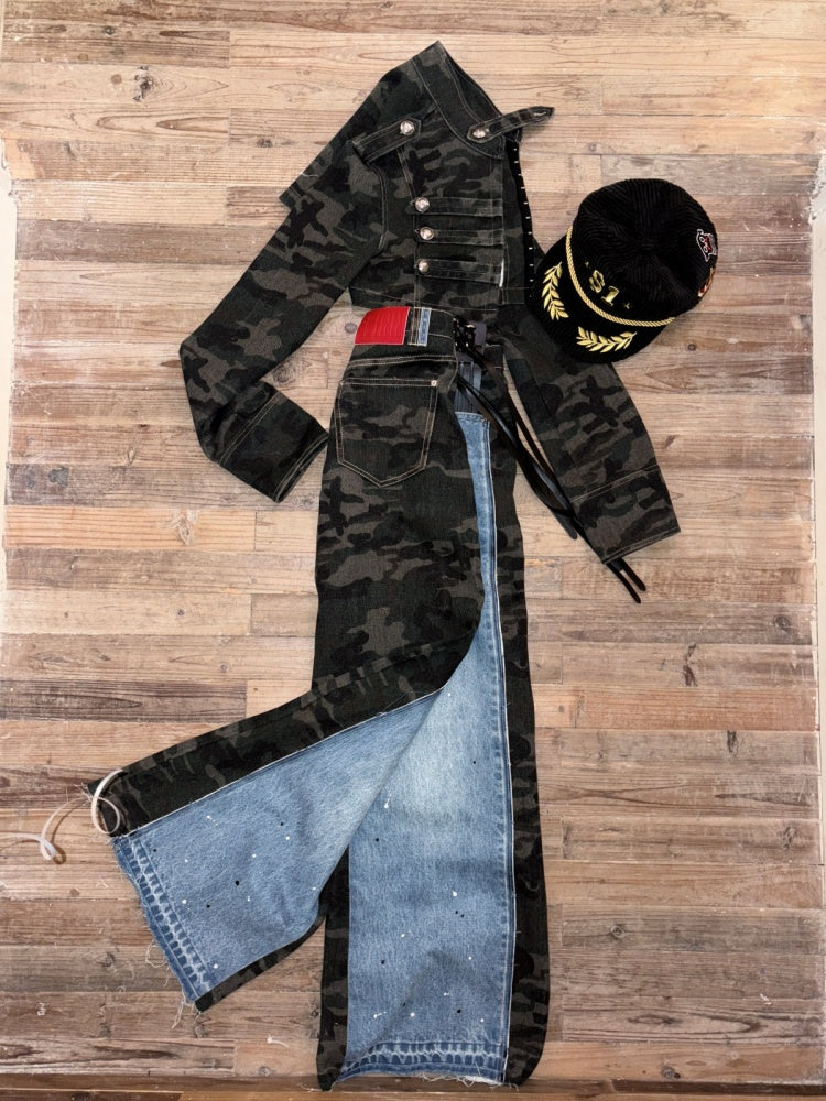 Double-Faced Camouflage Patchwork Denim Low-Rise Straight-Leg Pants【s0000015988】
