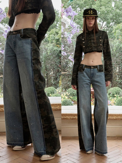 Double-Faced Camouflage Patchwork Denim Low-Rise Straight-Leg Pants【s0000015988】
