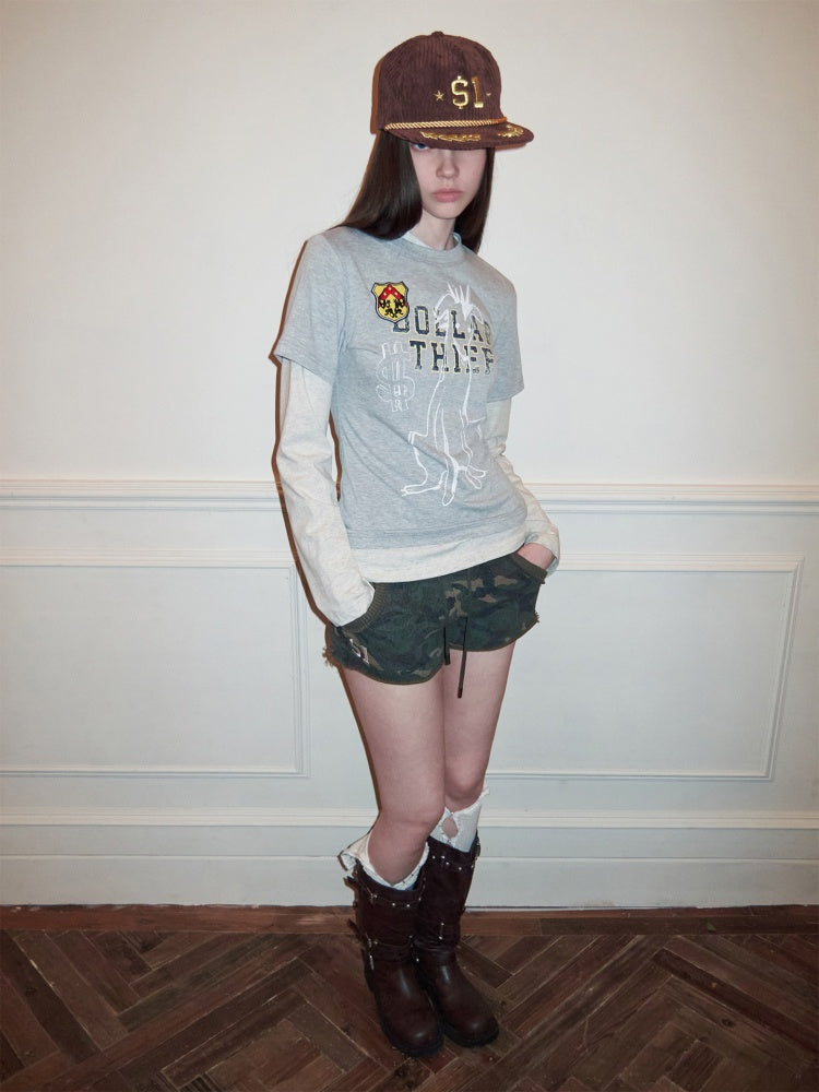 Faux Layered Dog Print Long Sleeve Tops【s0000015989】