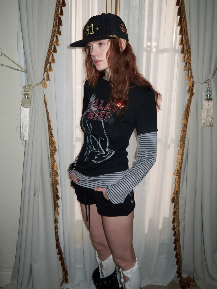 Faux Layered Dog Print Long Sleeve Tops【s0000015989】