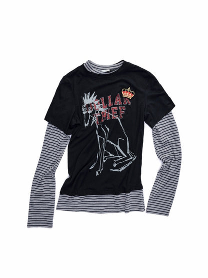 Faux Layered Dog Print Long Sleeve Tops【s0000015989】