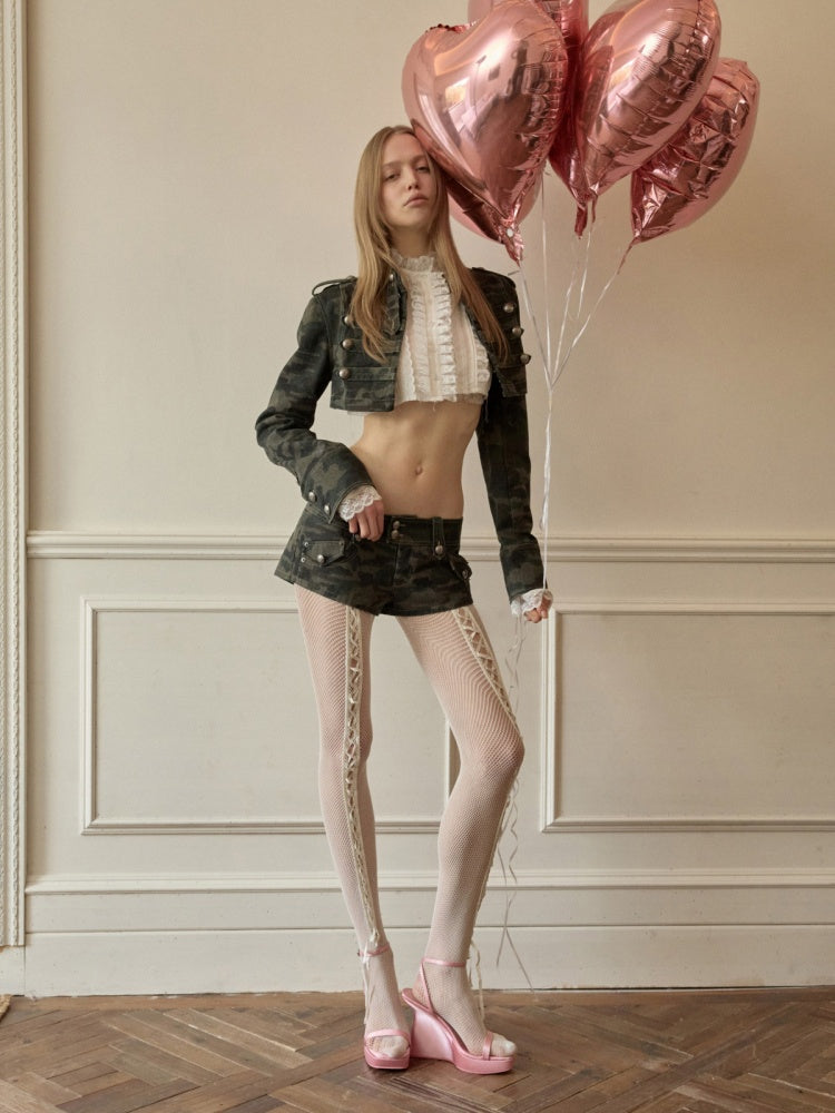 Double-Breasted Camouflage Cropped Jacket & Short Pants【s0000015990】