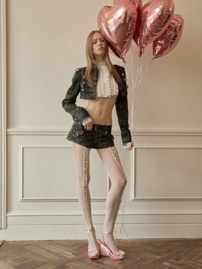 Double-Breasted Camouflage Cropped Jacket & Short Pants【s0000015990】