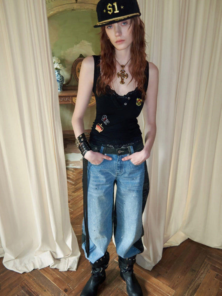 Faux Layered Lace Emblem Patchwork Camisole Tank Top【s0000015991】