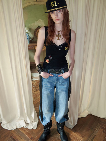 Faux Layered Lace Emblem Patchwork Camisole Tank Top【s0000015991】