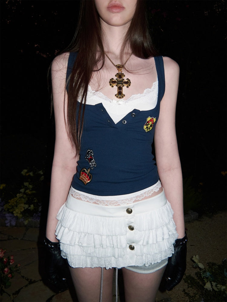 Faux Layered Lace Emblem Patchwork Camisole Tank Top【s0000015991】