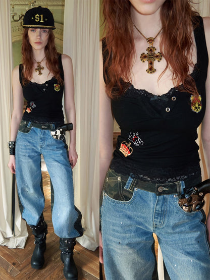 Faux Layered Lace Emblem Patchwork Camisole Tank Top【s0000015991】