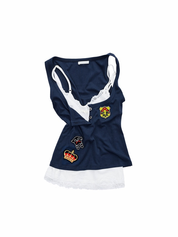 Faux Layered Lace Emblem Patchwork Camisole Tank Top【s0000015991】