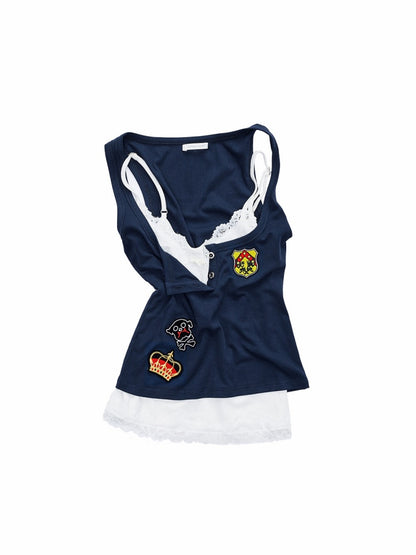 Faux Layered Lace Emblem Patchwork Camisole Tank Top【s0000015991】
