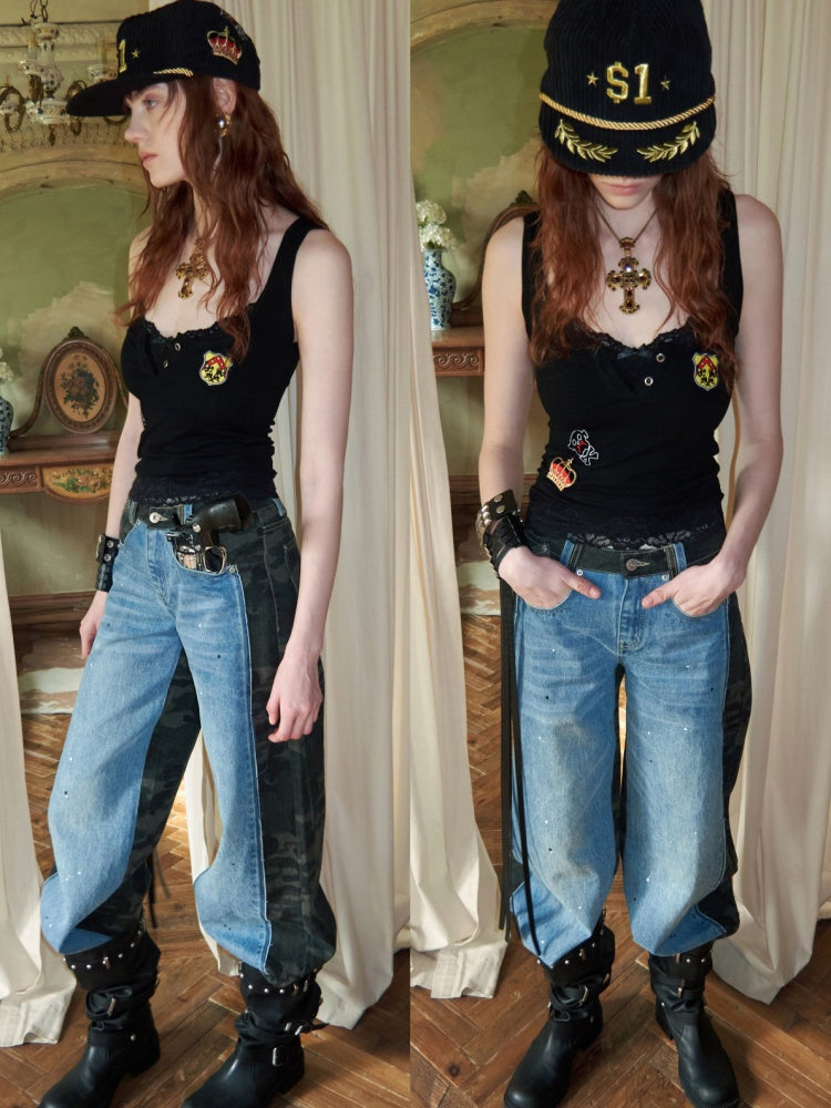Faux Layered Lace Emblem Patchwork Camisole Tank Top【s0000015991】