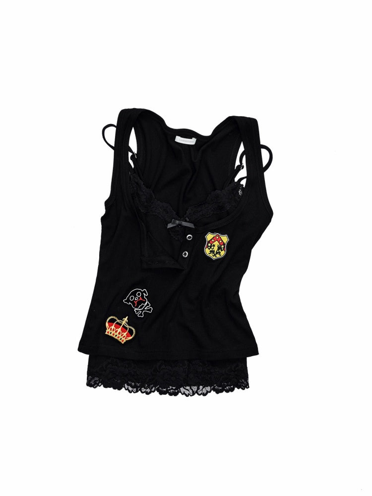 Faux Layered Lace Emblem Patchwork Camisole Tank Top【s0000015991】