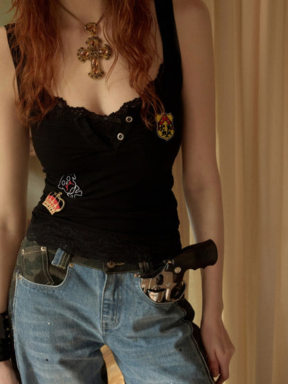 Faux Layered Lace Emblem Patchwork Camisole Tank Top【s0000015991】
