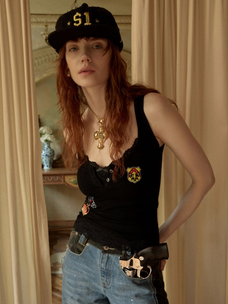 Faux Layered Lace Emblem Patchwork Camisole Tank Top【s0000015991】