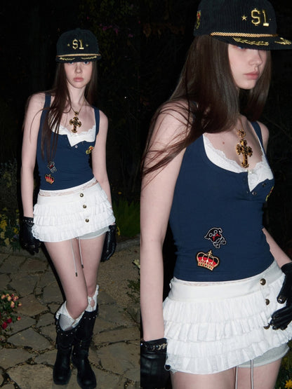 Faux Layered Lace Emblem Patchwork Camisole Tank Top【s0000015991】
