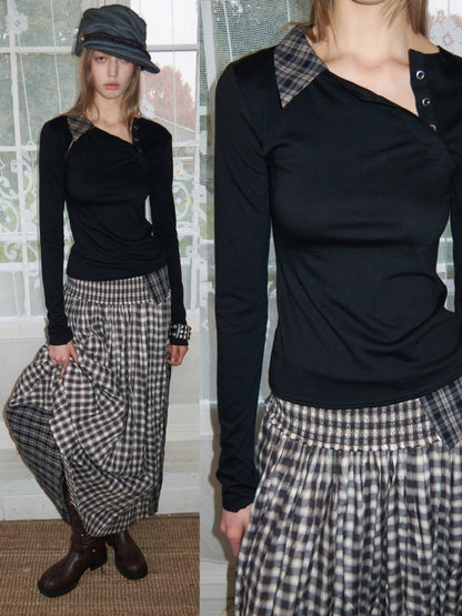 Faux Layered Henley Collar Asymmetrical Patchwork Long Sleeve Tops【s0000015992】