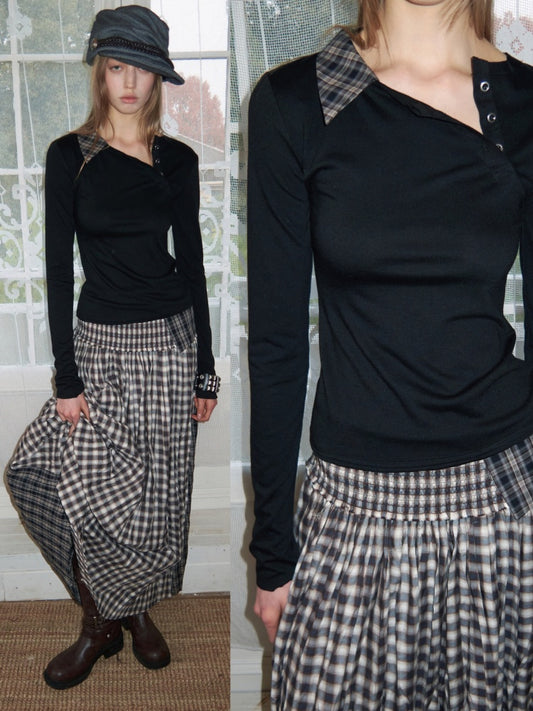 Faux Layered Henley Collar Asymmetrical Patchwork Long Sleeve Tops【s0000015992】