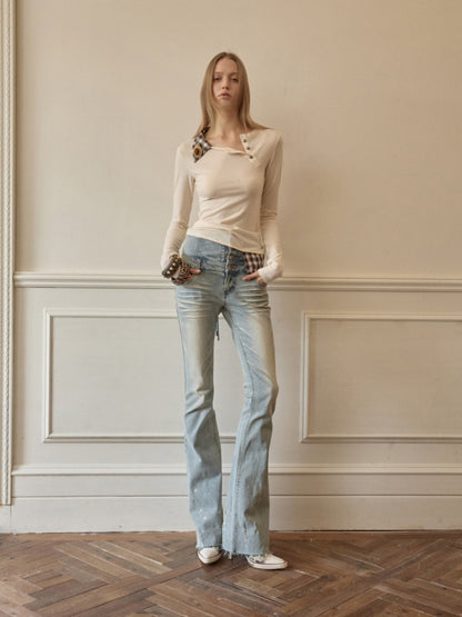 Faux Layered Henley Collar Asymmetrical Patchwork Long Sleeve Tops【s0000015992】