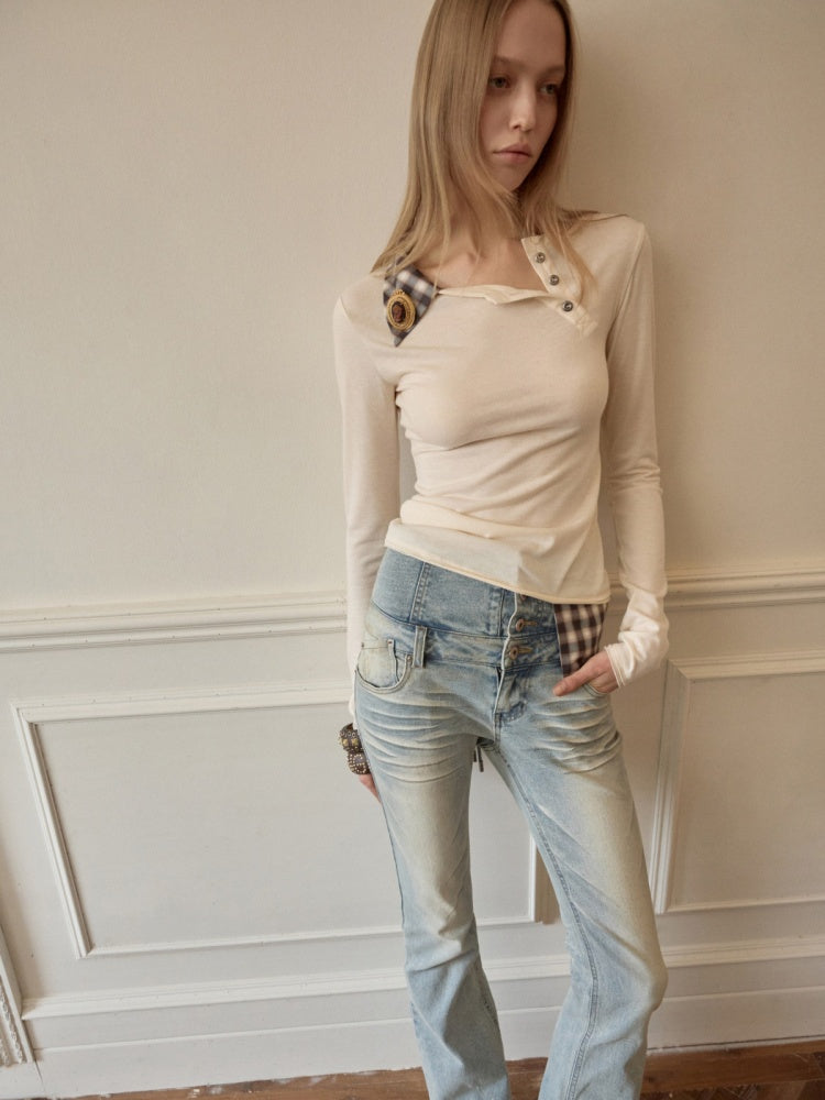 Faux Layered Henley Collar Asymmetrical Patchwork Long Sleeve Tops【s0000015992】