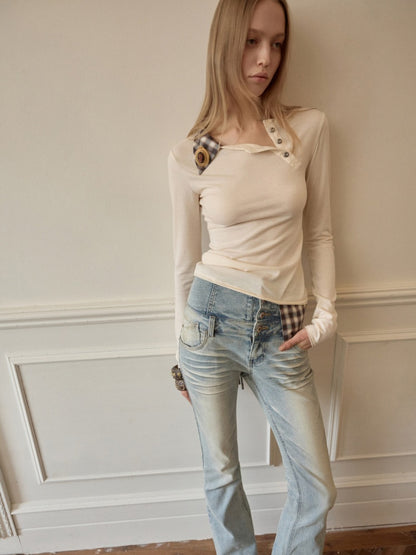 Faux Layered Henley Collar Asymmetrical Patchwork Long Sleeve Tops【s0000015992】