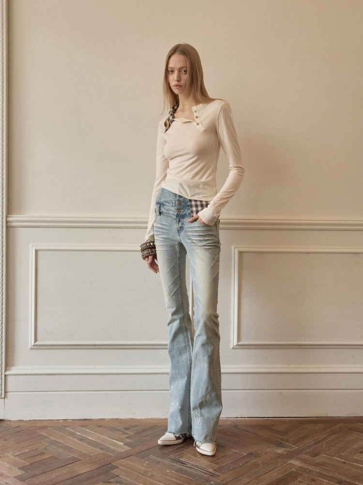 Faux Layered Henley Collar Asymmetrical Patchwork Long Sleeve Tops【s0000015992】