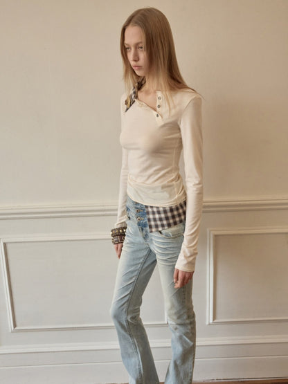 Faux Layered Henley Collar Asymmetrical Patchwork Long Sleeve Tops【s0000015992】