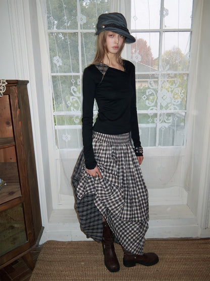 Faux Layered Henley Collar Asymmetrical Patchwork Long Sleeve Tops【s0000015992】