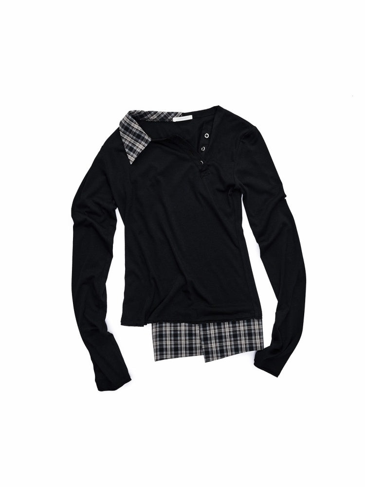 Faux Layered Henley Collar Asymmetrical Patchwork Long Sleeve Tops【s0000015992】
