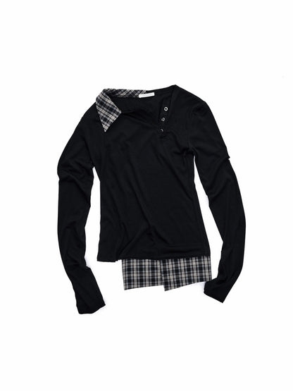 Faux Layered Henley Collar Asymmetrical Patchwork Long Sleeve Tops【s0000015992】