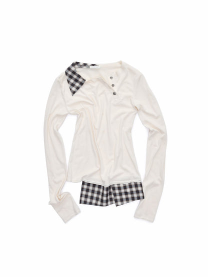 Faux Layered Henley Collar Asymmetrical Patchwork Long Sleeve Tops【s0000015992】