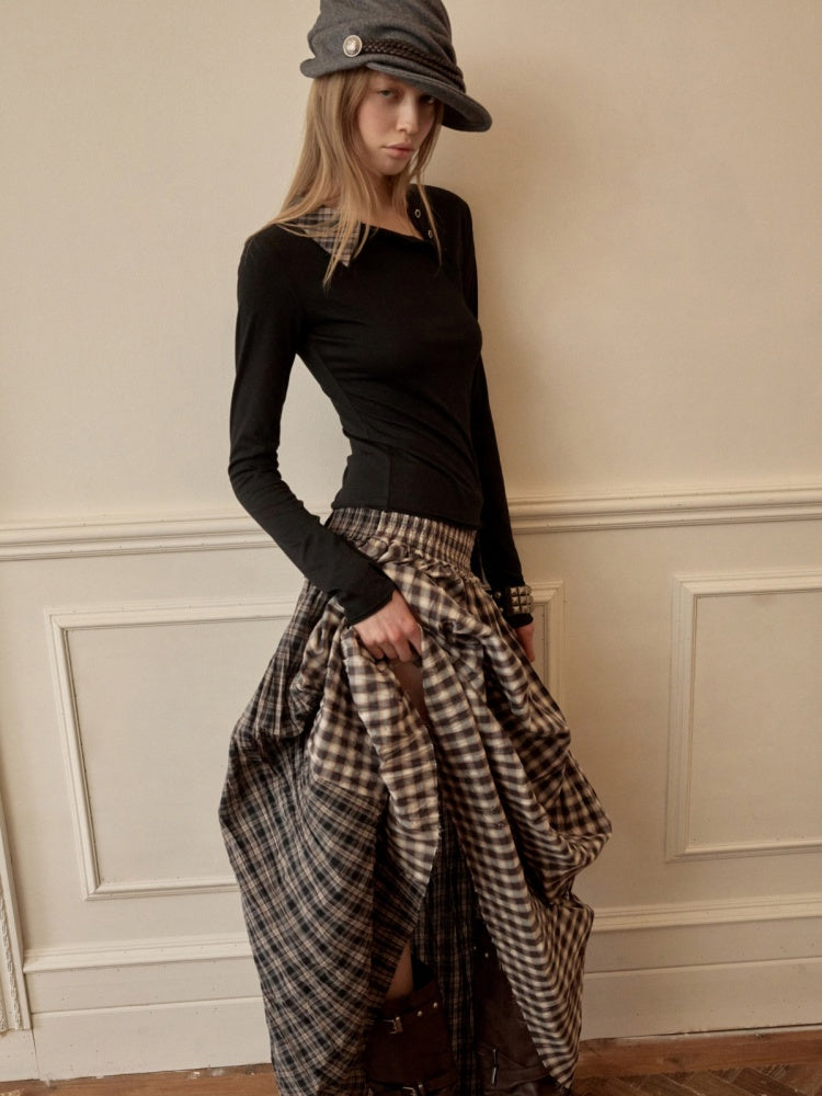 Faux Layered Henley Collar Asymmetrical Patchwork Long Sleeve Tops【s0000015992】