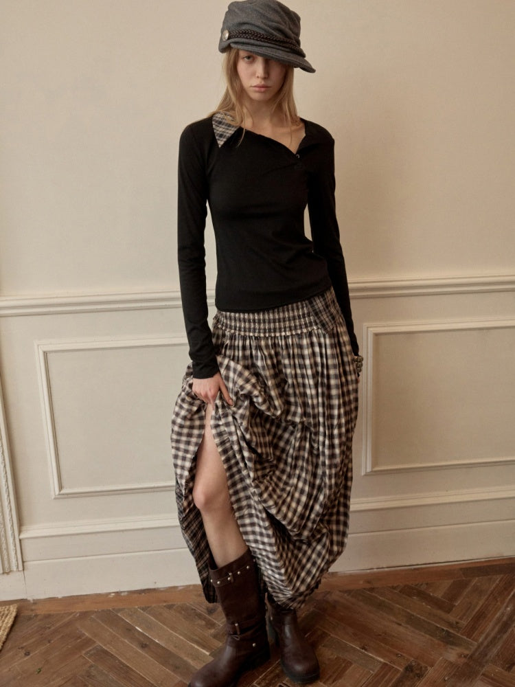 Faux Layered Henley Collar Asymmetrical Patchwork Long Sleeve Tops【s0000015992】