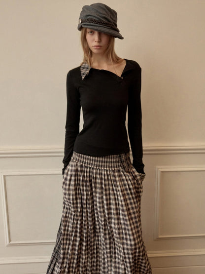 Faux Layered Henley Collar Asymmetrical Patchwork Long Sleeve Tops【s0000015992】