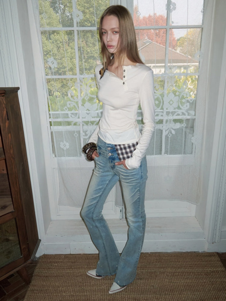 Faux Layered Henley Collar Asymmetrical Patchwork Long Sleeve Tops【s0000015992】