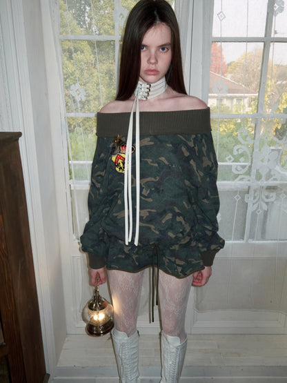 Camouflage Slanted Shoulder Drawstring Bud Sweatshirt【s0000015994】