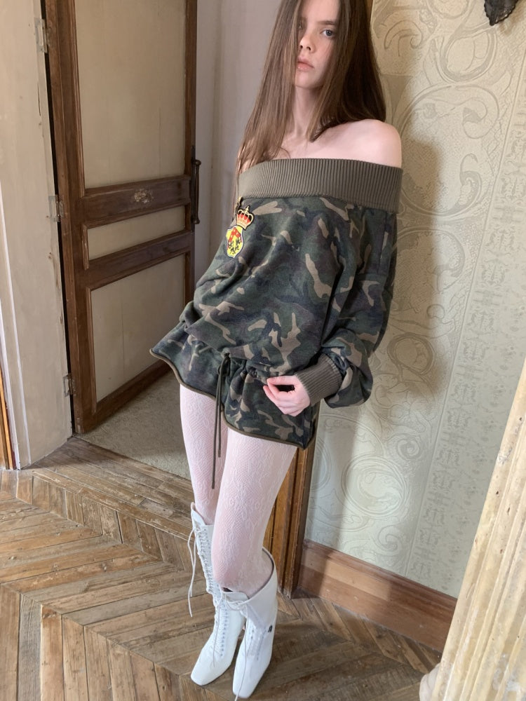 Camouflage Slanted Shoulder Drawstring Bud Sweatshirt【s0000015994】