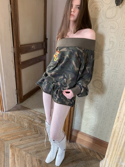 Camouflage Slanted Shoulder Drawstring Bud Sweatshirt【s0000015994】