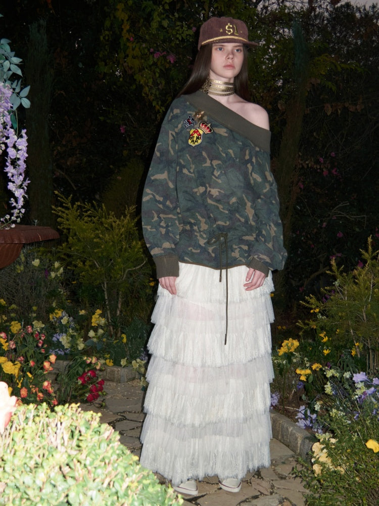 Camouflage Slanted Shoulder Drawstring Bud Sweatshirt【s0000015994】