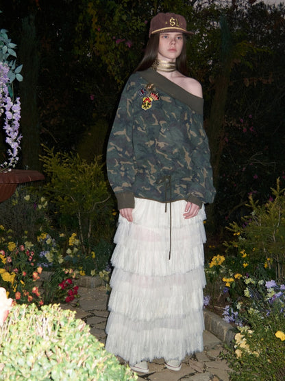 Camouflage Slanted Shoulder Drawstring Bud Sweatshirt【s0000015994】
