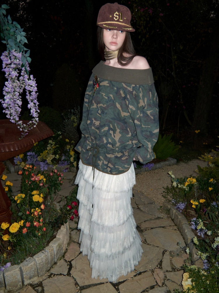 Camouflage Slanted Shoulder Drawstring Bud Sweatshirt【s0000015994】