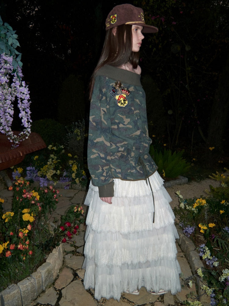 Camouflage Slanted Shoulder Drawstring Bud Sweatshirt【s0000015994】