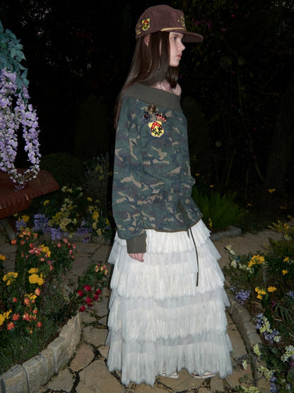 Camouflage Slanted Shoulder Drawstring Bud Sweatshirt【s0000015994】