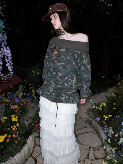 Camouflage Slanted Shoulder Drawstring Bud Sweatshirt【s0000015994】
