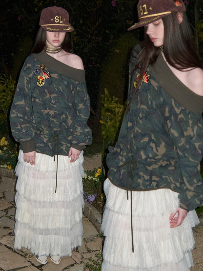 Camouflage Slanted Shoulder Drawstring Bud Sweatshirt【s0000015994】